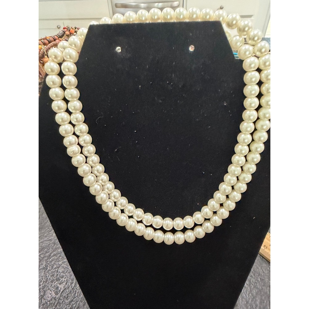Vintage Double Strand Faux Pearl Necklace Ivory Beaded Statement Jewelry 24in
